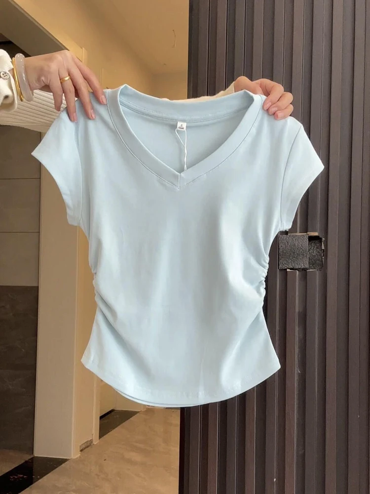 T-shirt bleu v-ne ort-sved pour femmes, Faion amincissant, Design Cardiwaist, nouveau Sle pour les déplacements, couleur Pure, été