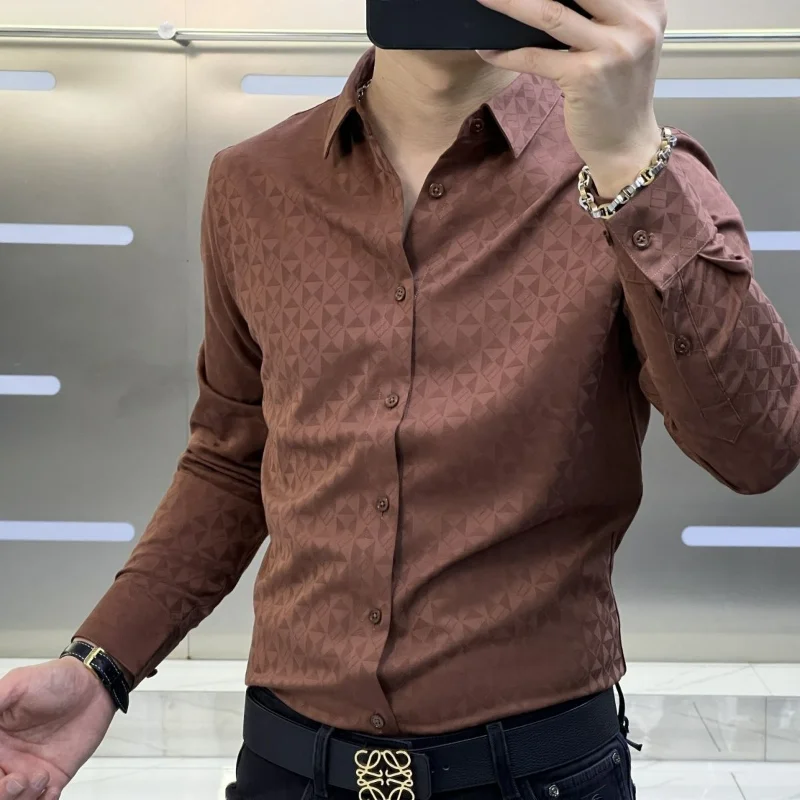 Spring New Men\'s High End Fashion Printed Long Sleeved Shirt Lapel Button Patchwork Business Casual Versatile Simple Trendy Top