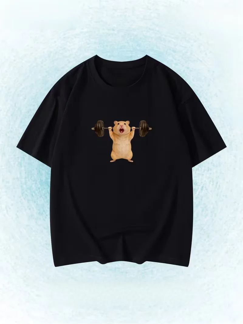 Funny Snowboarding Hamster Animal Print T-Shirt Cute Meme Loose Short Sleeve Unisex Casual Summer Top for Men Women Daily