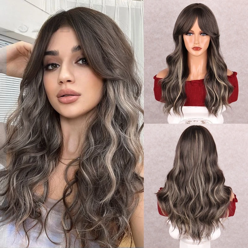 

European and American smoke gray wig fluffy medium section long bangs cos animation long curly hair