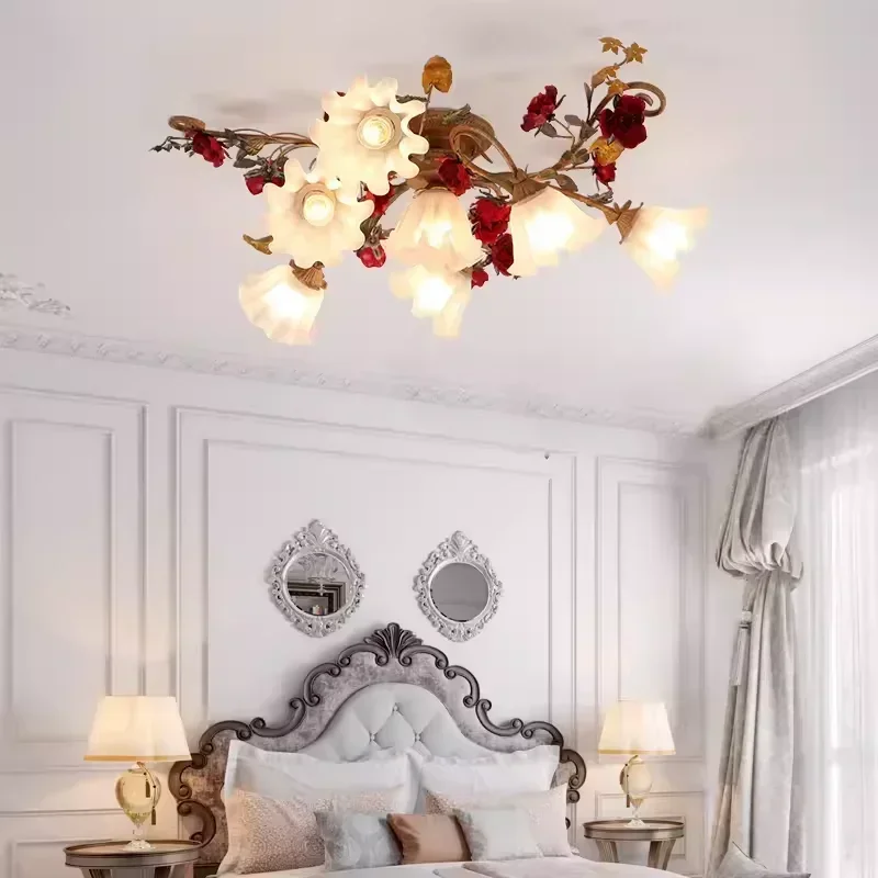 Home Decor Pastoral Retro LED Ceiling Lamp Warm Romantic Flower Chandeliers Fixtures for Living Room Bedroom Lighting Luminaire