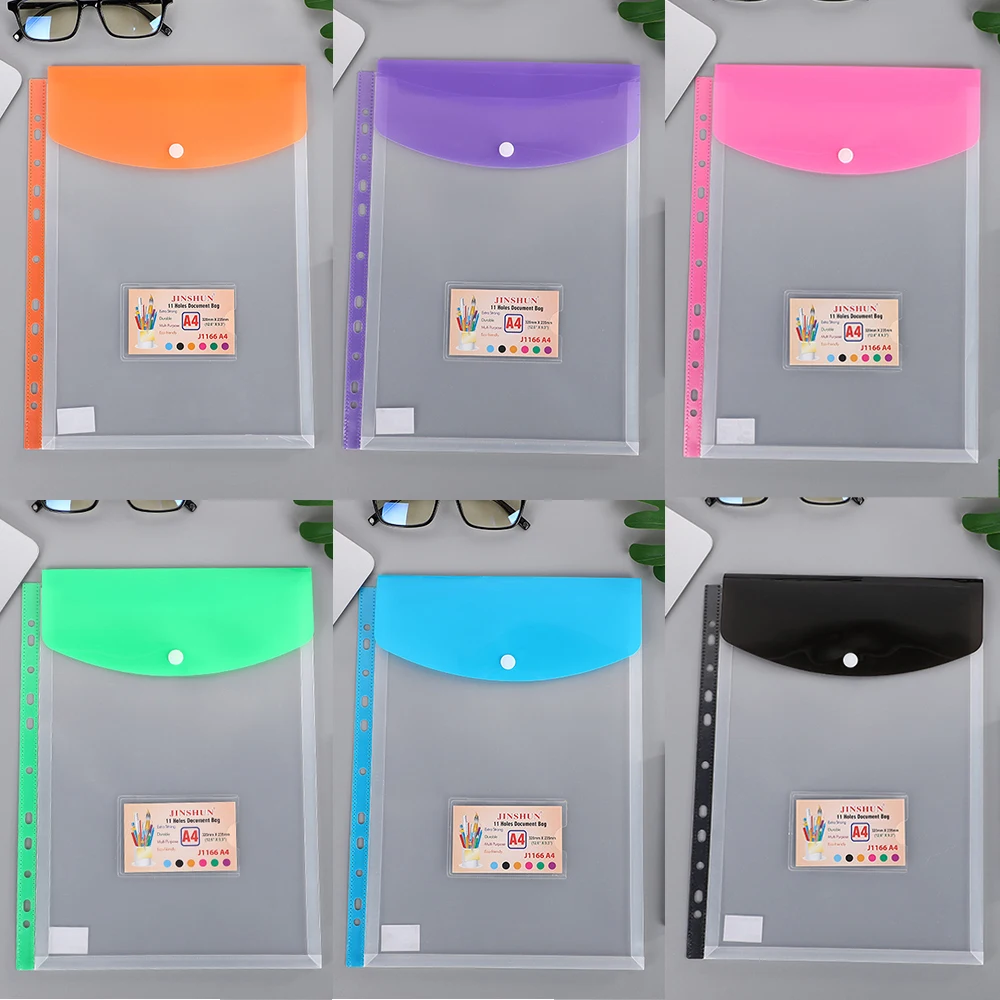 Random Color A4 Document Storage Bag With Snap Clear 11 Holes File Folders Vertical Horizontal Binder Pocket Office Supplies