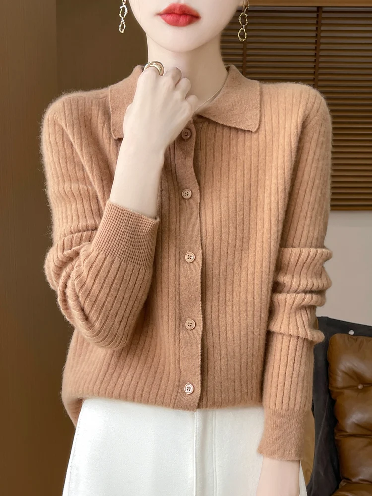 

2024 Autumn Winter Women Pure Merino Wool Sweater Striped Turn-down Collar Knitted Cardigan Office Lady Cashmere Clothing Tops