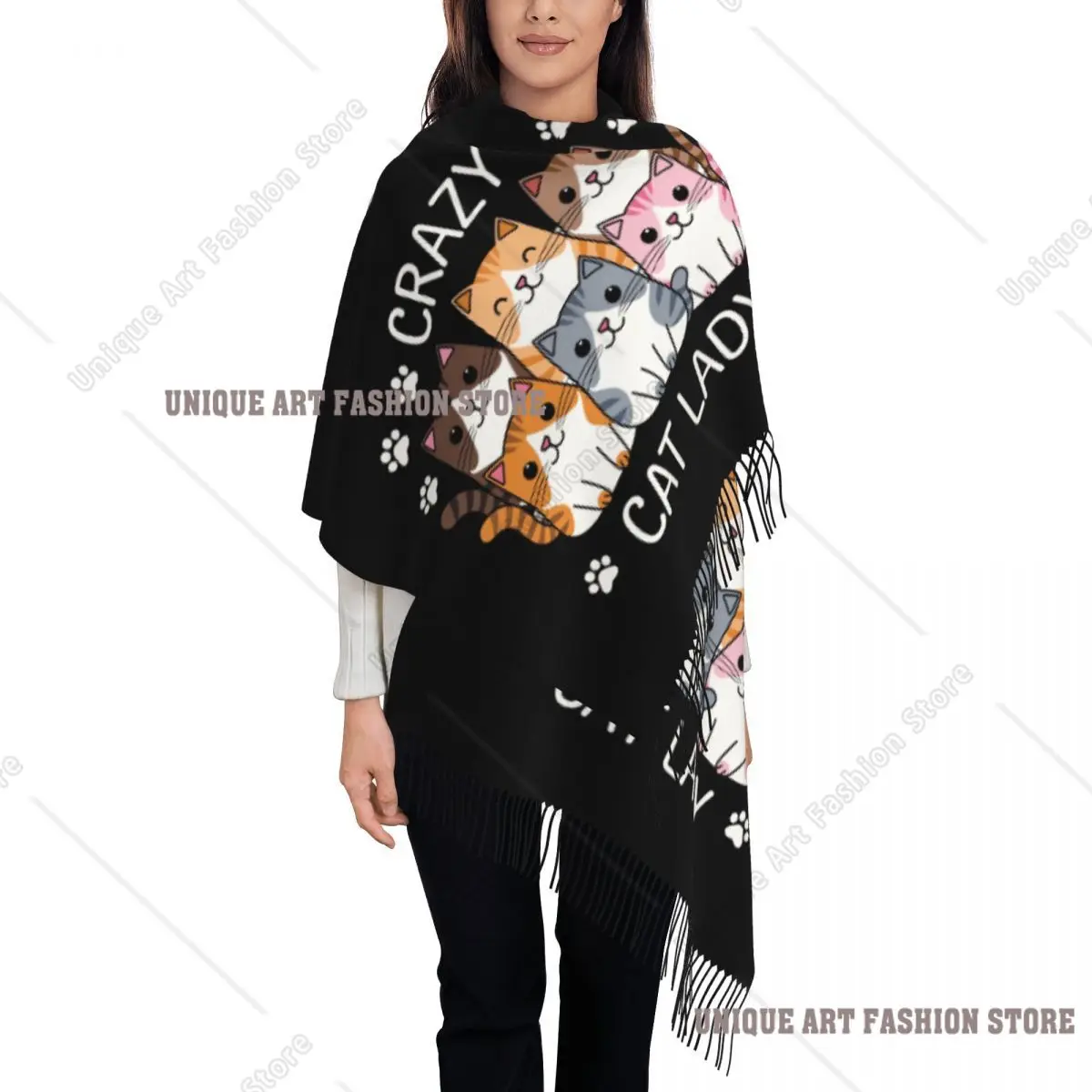 Écharpe de dame de chat fou personnalisée Wrap femmes longue hiver chaud gland châle unisexe foulards