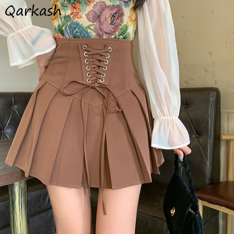 

High Waist Pleated Skirts Women Lace-up Safety Solid Design Sense All-match Gentle Stylish Summer A-line faldas Ulzzang Casual