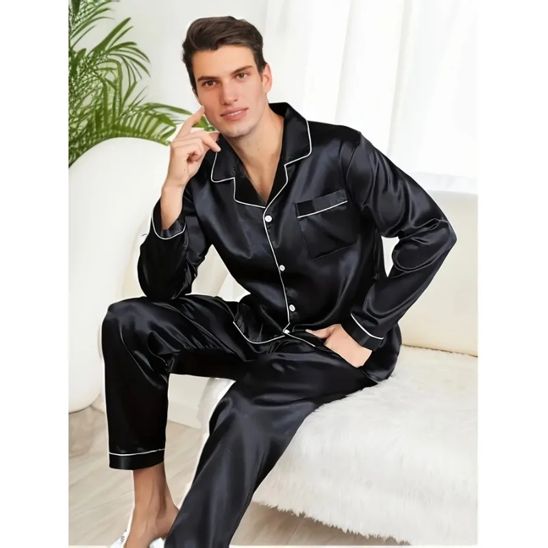 

New Men Pajama Sets Sleepwear For Man Shirt Silk Long Sleeve Pyjama Male Sleeping Satin Home Night Wear Plus Size Loungewear