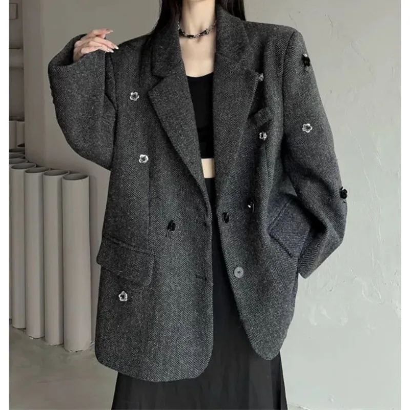 

INS шерстяной костюм с бисером и узором «елочка», зимнее высококачественное стильное и крутое, теплое пальто для женщин больших размеров 300 фунтов