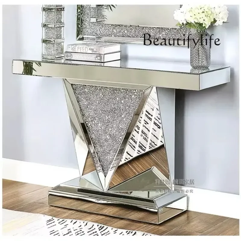 

dY BJ Mirrored Luxury Crystal Diamond Silver Side Console Table Elegant For Hallway, Living Room, Corner, Fitcheck