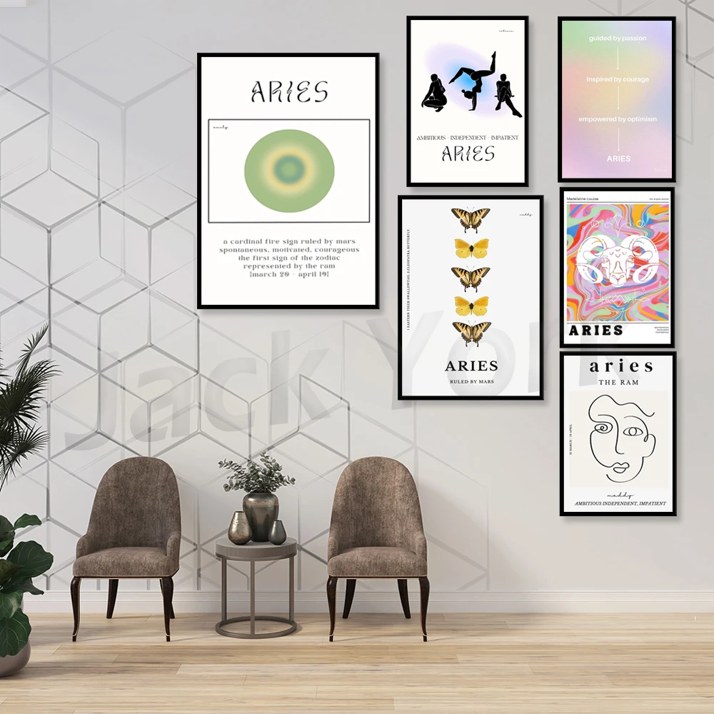 Póster de arte Aries, decoración de pared del zodiaco, arte de pared de astrología, cartel de estrella, tendencia y2k, arte de pared, diseño de Aura, gradiente