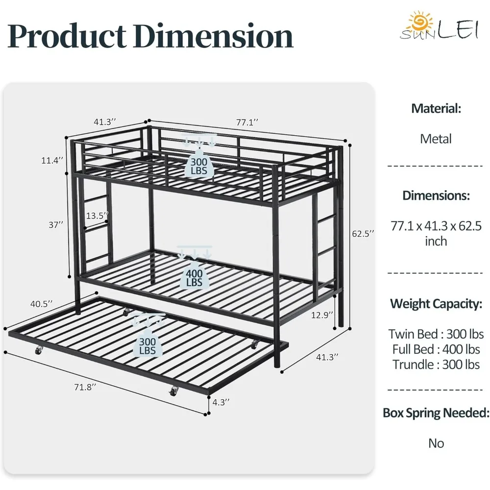 Metal Bunk Bed Twin Over Twin, with2Secured Ladders,Trundle Bed Twin with Space-Saving Bed Frame with Safety Guard