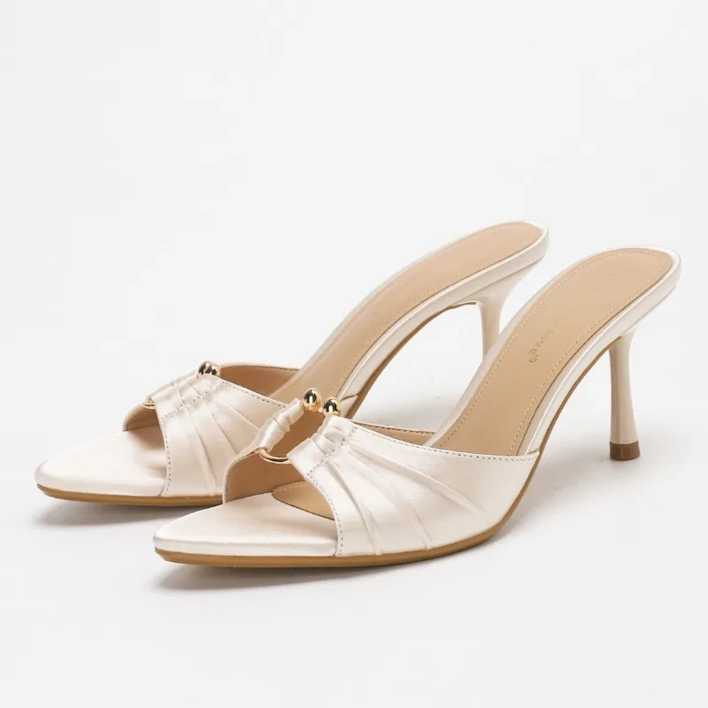 

Elegant Satin Pleated Thin High Heeled Slippers for Women Metal Buckle Design Sexy Pointed Toe Slide Sandals Comfort Beach Pumps