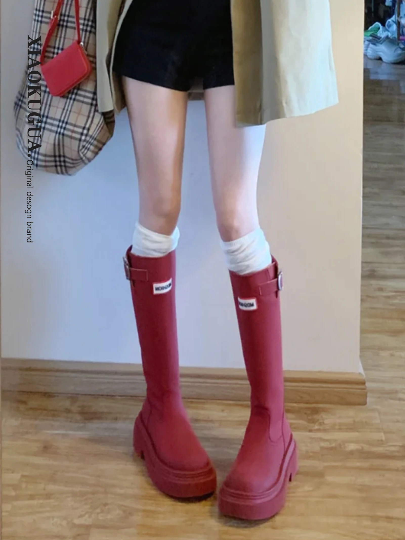 

Красные высокие сапоги-ботфорты для активного отдыха, модные корейские водонепроницаемые сапоги с круглым носком на среднем каблуке