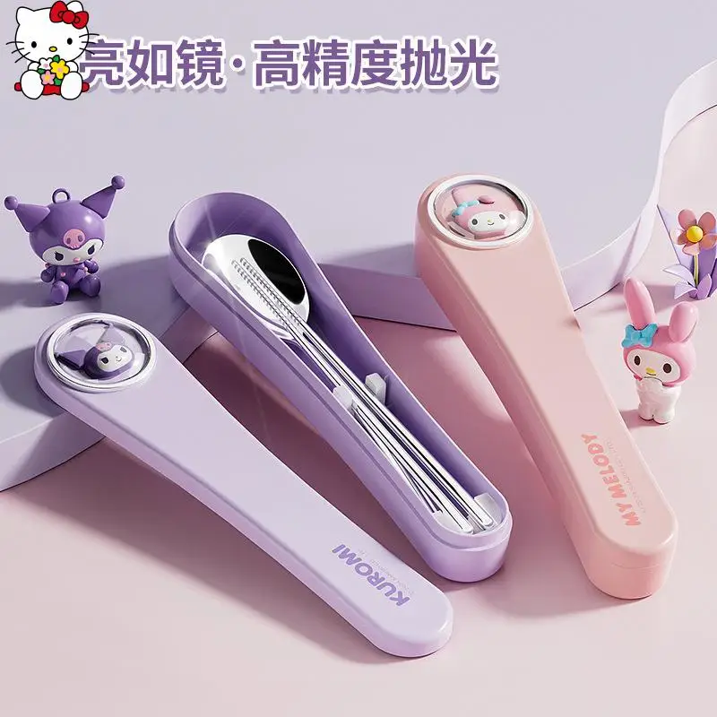 

Fashion Cartoon Sanrios Hellokittys Kuromi Tableware Children Portable Good-Looking Tableware Spoon Chopsticks Storage Box A Set