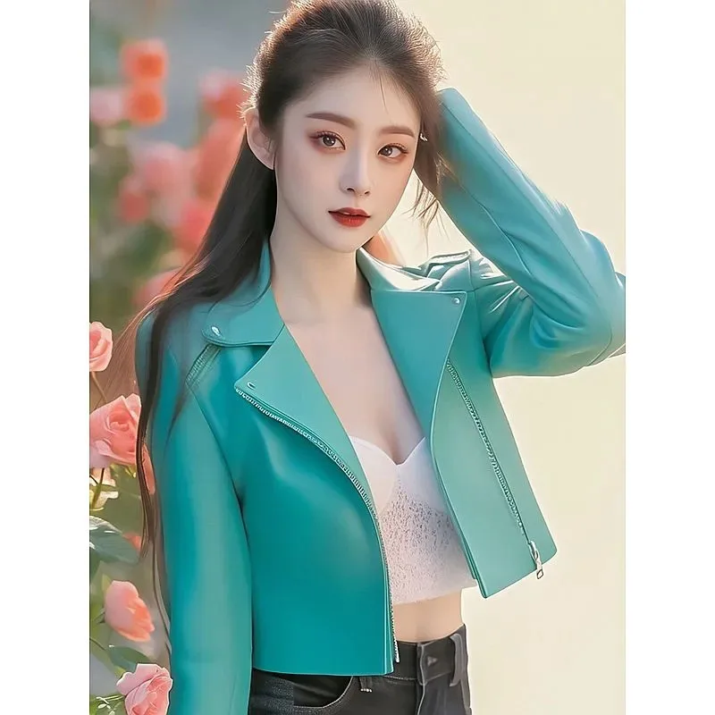 2025 جديد شيك سترة جلدية ربيع الخريف المرأة معطف قصير موضة سليم كم طويل الحلو موتور سيارة سترات من الجلد