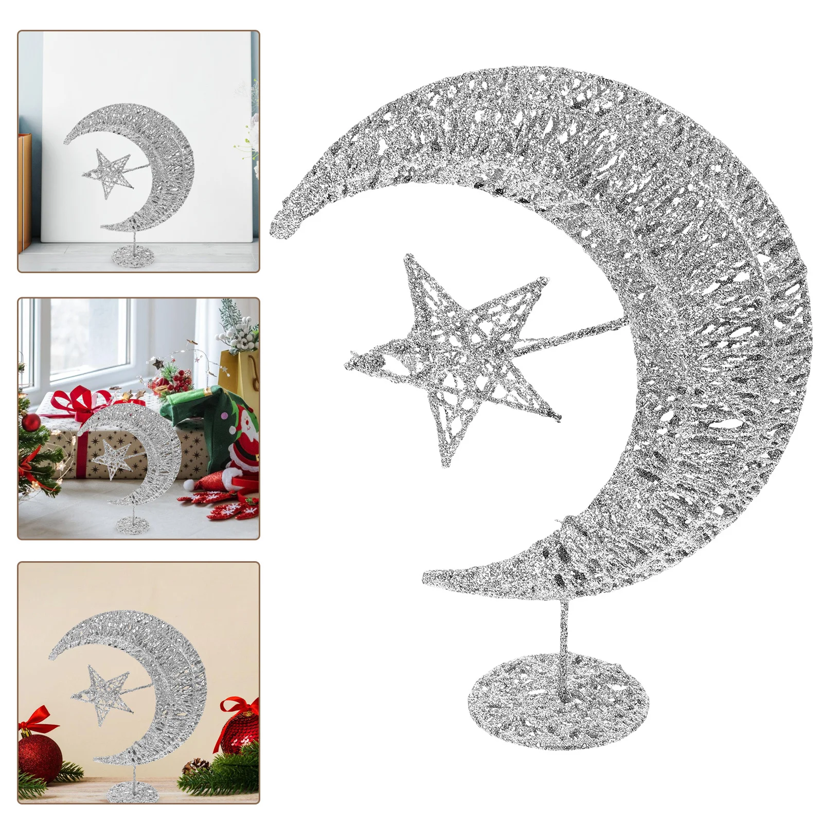 

20Cm Silver Wrought Iron Christmas Tree Top Star with Glittering Moon Ideal Home Office Party Wedding Decoration Festive