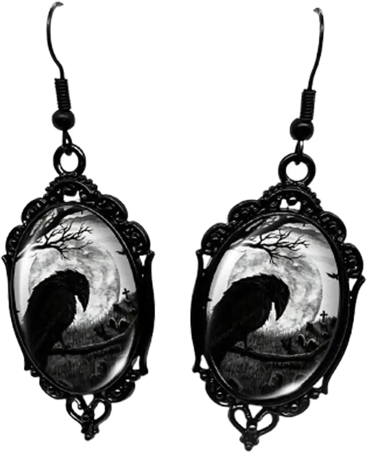 

Fashion Black Crow Geometric Oval Drop Earring Feather Moon Dangle Earrings for Women Halloween Party Jewelry Gift