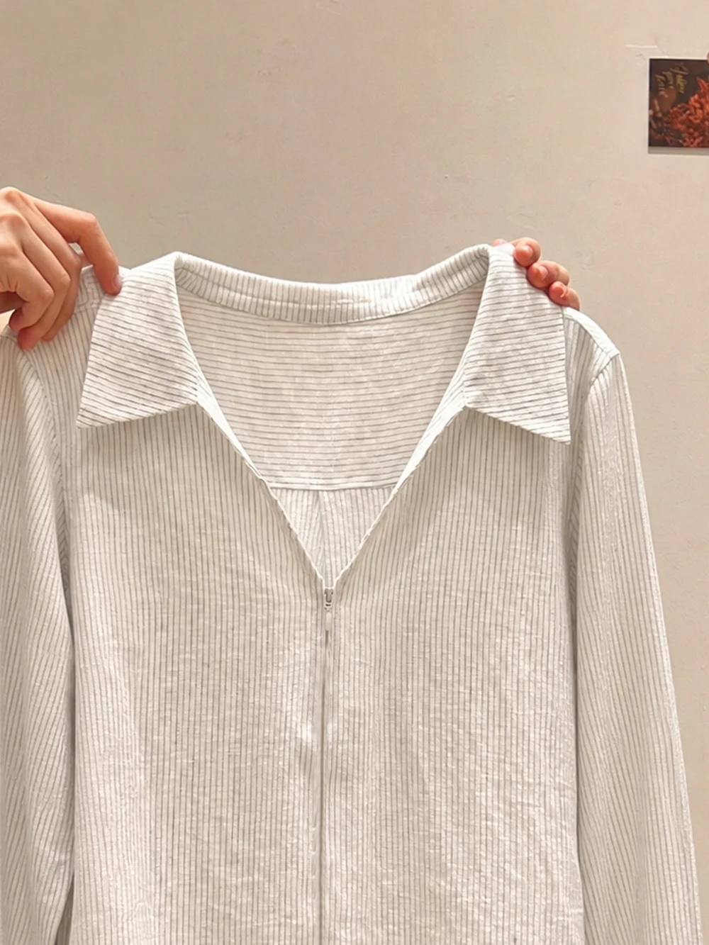 Korean Style Casual Striped Shirt Summer Fashion Zipper Front Slimming Long Sleeve Casual Shirt for Women Elegant Slim Fit