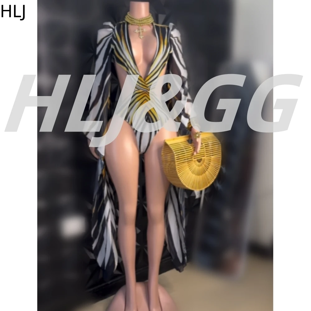HLJ Sexy Stripe Print Women Swimwear Bodysuits Fashion Swim Suit Bathing Suit Beachwear Long Sleeve One Piece Swimsuit Beachwear