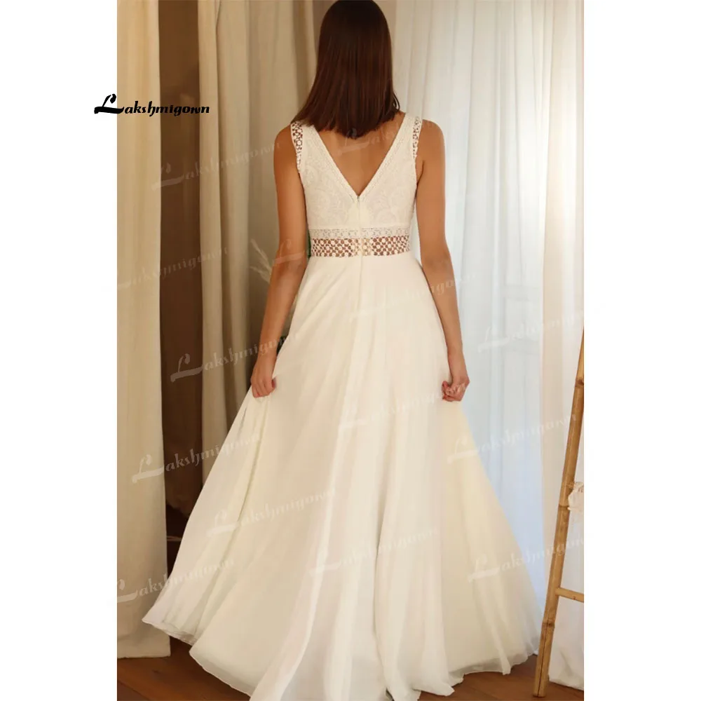 Lindo vestido de casamento chiffon saia sem mangas rendas vestidos de casamento longo a linha hochzeitskleid