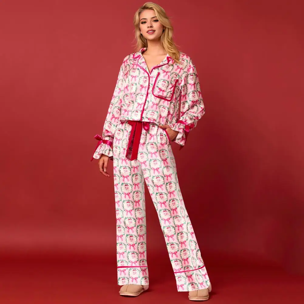 Women Sleepwear Set Festive Santa Print Christmas Pajamas Set with Satin Cardigan Top Wide Leg Pants Holiday Loungewear for New