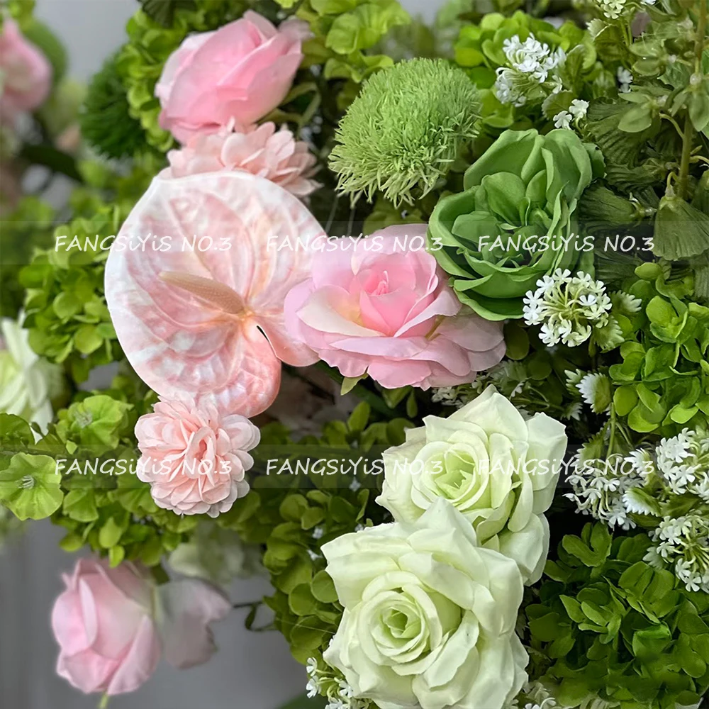 Pink Green Artificial Hydrangea Rose Anthurium Arrangement Wedding Table Centerpiece Floral Runner Party Backdrop Banquet Decor - view 3