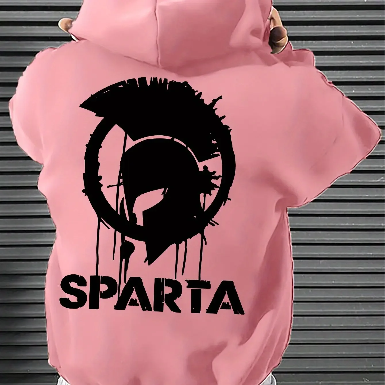 Black Splash‑paint Spartan Helmet Sparta Slogan Rear‑Print Hoodie Ancient Greece Theme Youth Oversized Hooded Pullover