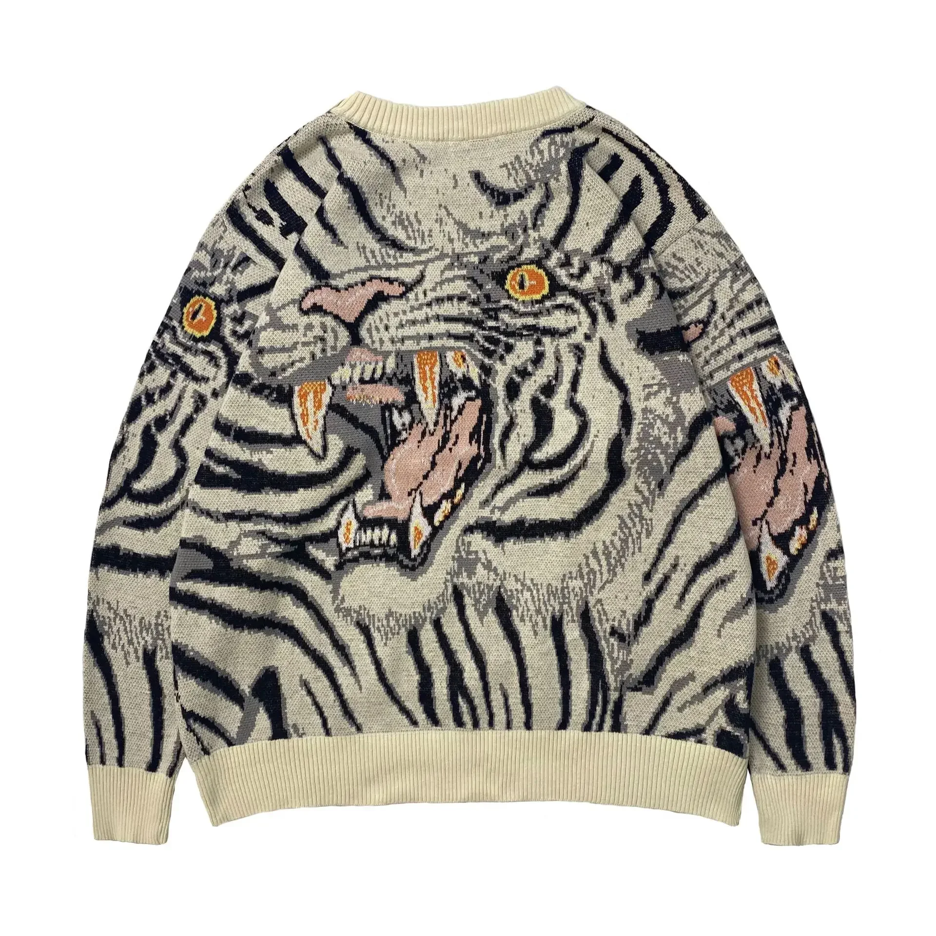 Non Kapital Vintage Brabd Jacquard Tiger Totem Round Neck Japan Knitted Sweater Men\'s Animal Print Loose Pullover New Arrival