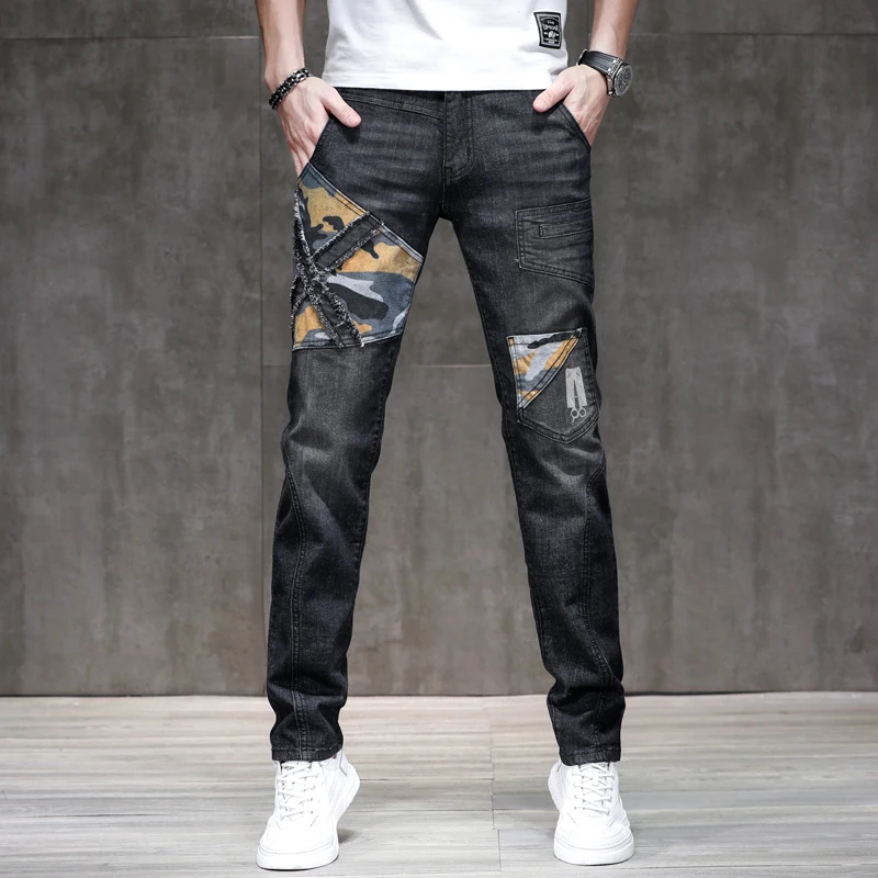 

Мужские черные джинсы, облегающие эластичные лоскутные уличные брюки с камуфляжным принтом, мужские джинсовые брюки, мотоциклетная мужская одежда, полные брюки