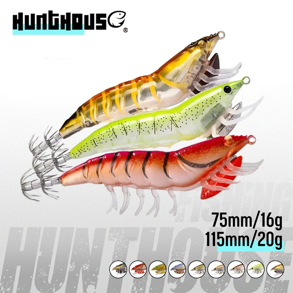 Hunthouse 3-teiliges Kombinations-Set 3D Hybrid Jig Shrimp Egi Tintenfisch 75mm/16g 115mm/20g EGI-Haken Leuchtender Köder für Oktopus LW201