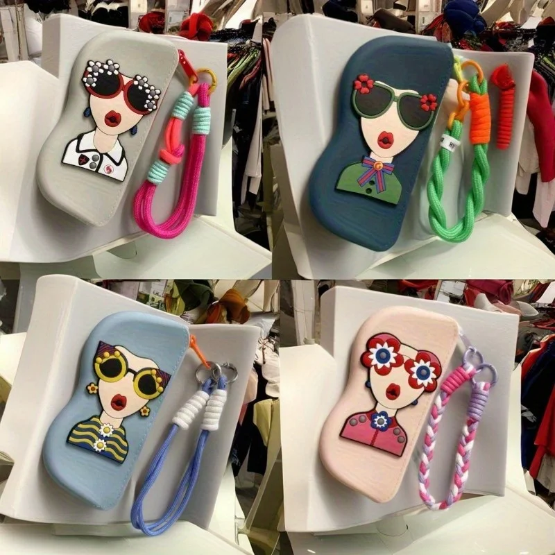 

1pc Women'S Glasses Case with Colorful Lanyard - Silicone, Portable Storage Bag for Daily Playful Design
