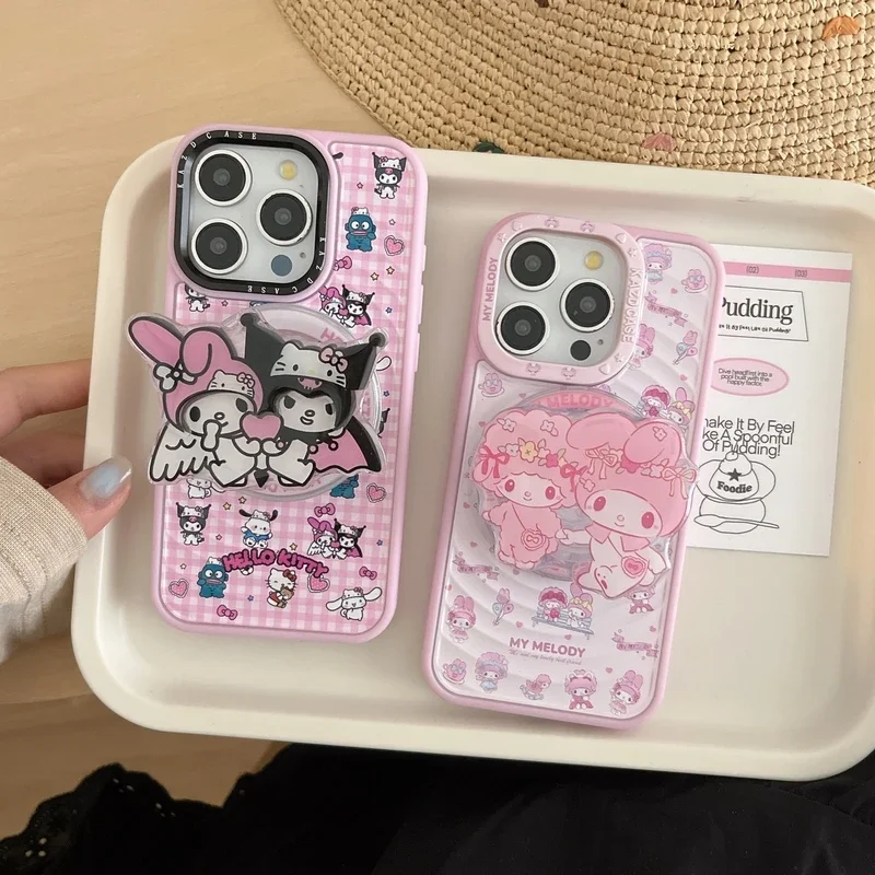 Cute Sanrio Kuromi My Melody Magnetic Grip Holder Magsafe Wireless Charge Phone Case For iPhone 16 15 14 13 12 Pro Max Cover