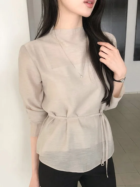French Style Loose Fit Shirt with Belt Women's Top Micro Transparent Waist Design Half High Collar Two Piece Set Trendy