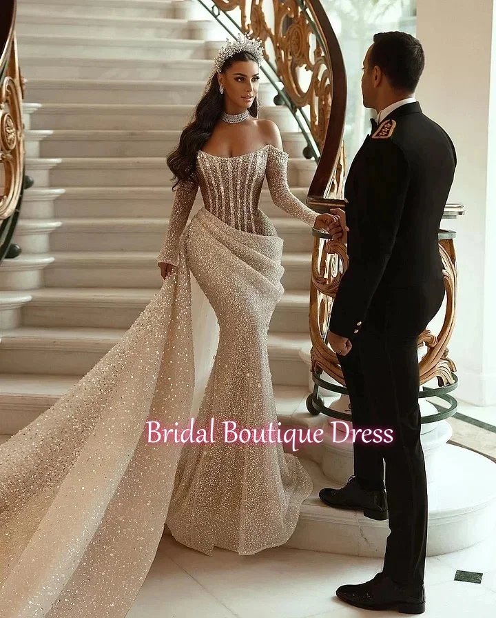 

Glittery Sheath Gown Wedding Dresses Pleat Sequins Lace Strapless Bridal Gowns Plus Size Vestidos De Novia Custom Size Colour