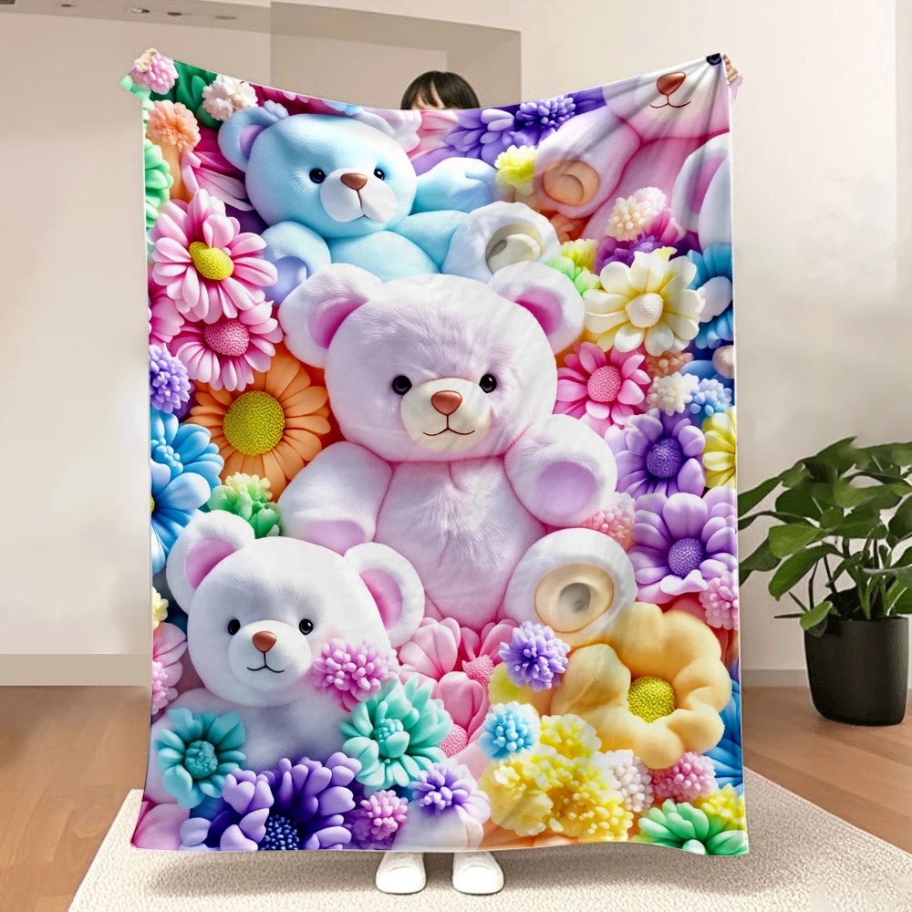 1PC Colorful Teddy Bear Print Blanket - Made from a Soft Flannel Fabric, Perfect for a Sofa or Bed. Comfortable and Lovely Decor