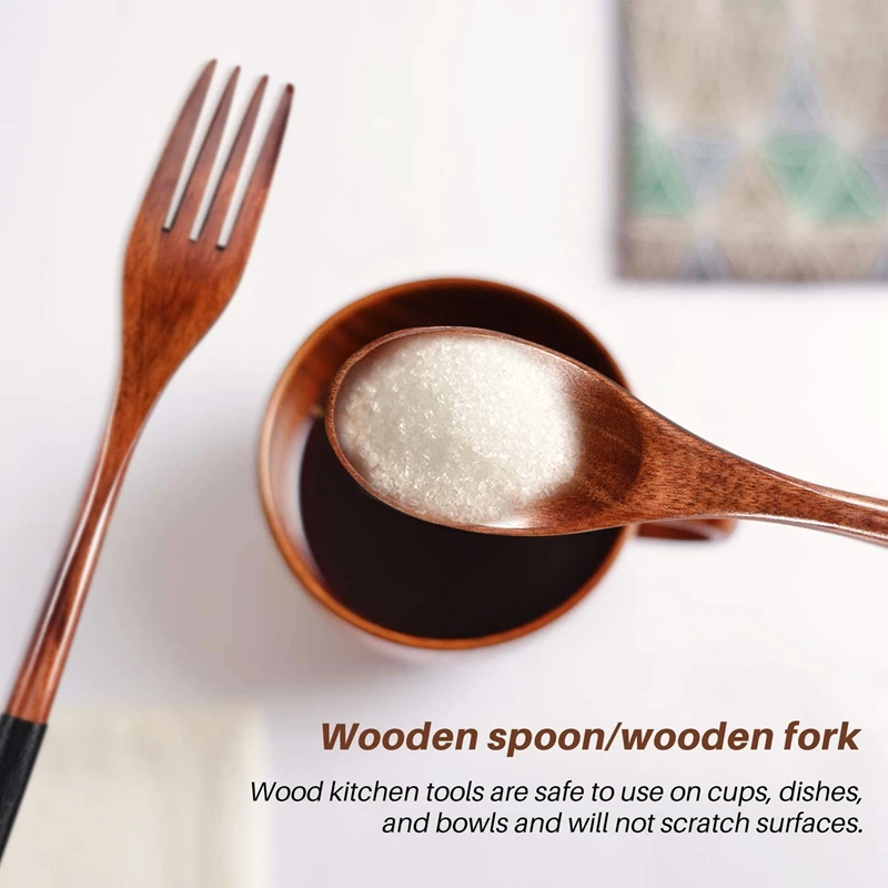 Wooden Flatware Set, Wooden Portable Set Chopsticks Spoon Fork Tableware Dinnerware With Black Twining Thread