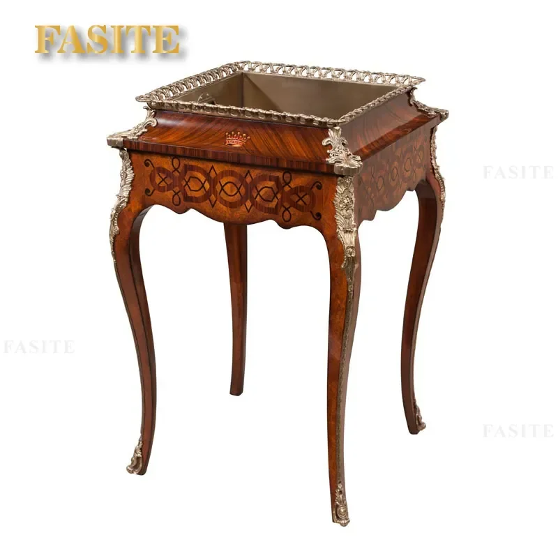 For British Neoclassical Royal Court Copper Accent Table European Solid Wood Carved Floral Hand Painted Edge Villa Small