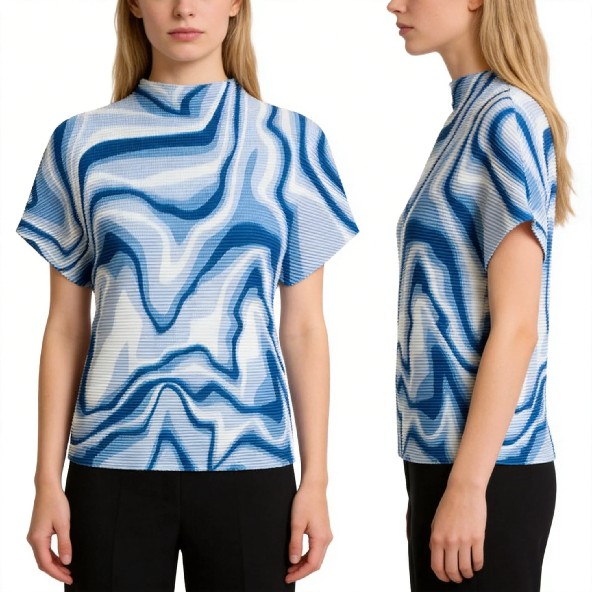 

Miyake style high-end corn grain pleated printed T-shirt for women high elastic slim fit versatile stand-up collar top for women