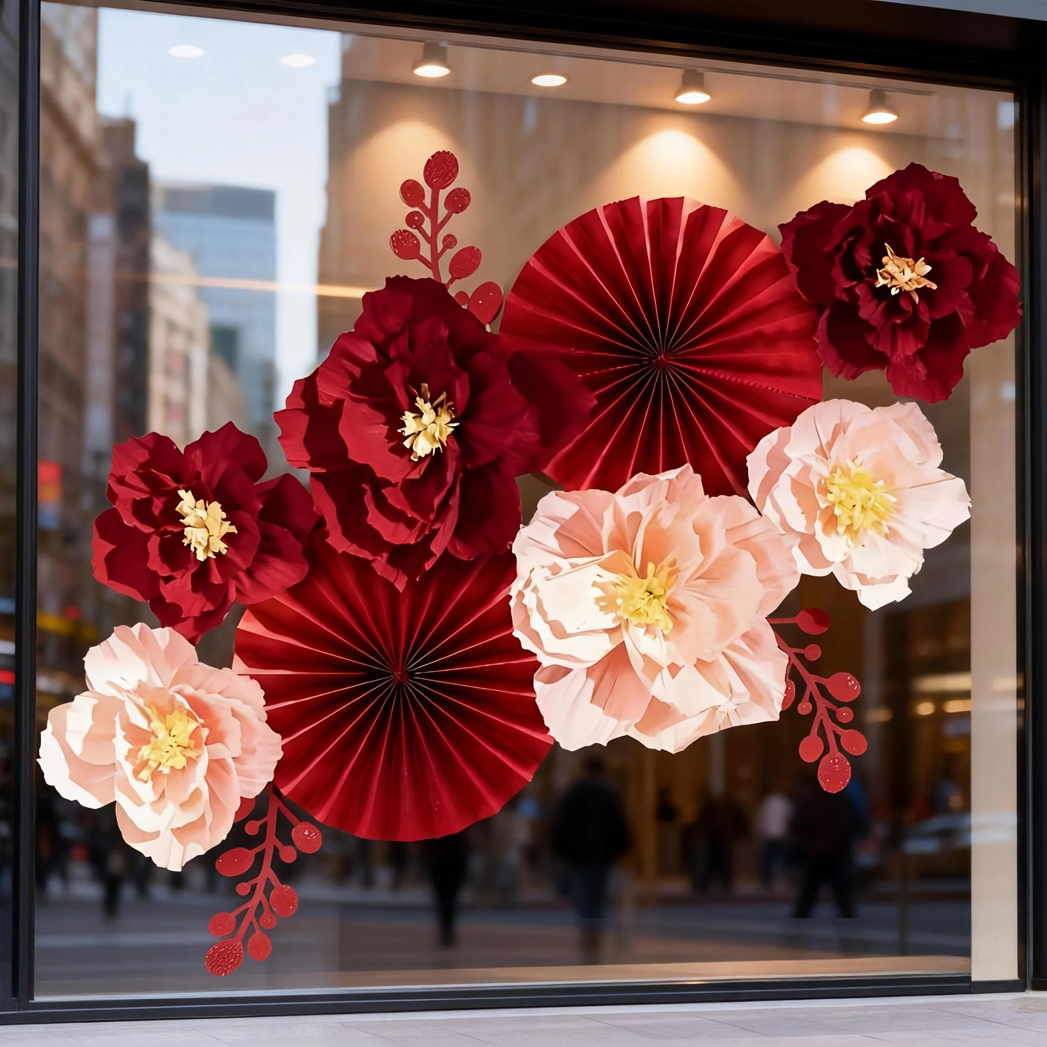 11pcs Large Size Red and Pink Contrast Paper Flower Fan Set, Essential for Wedding, Engagement Party Background Wall Decoration,