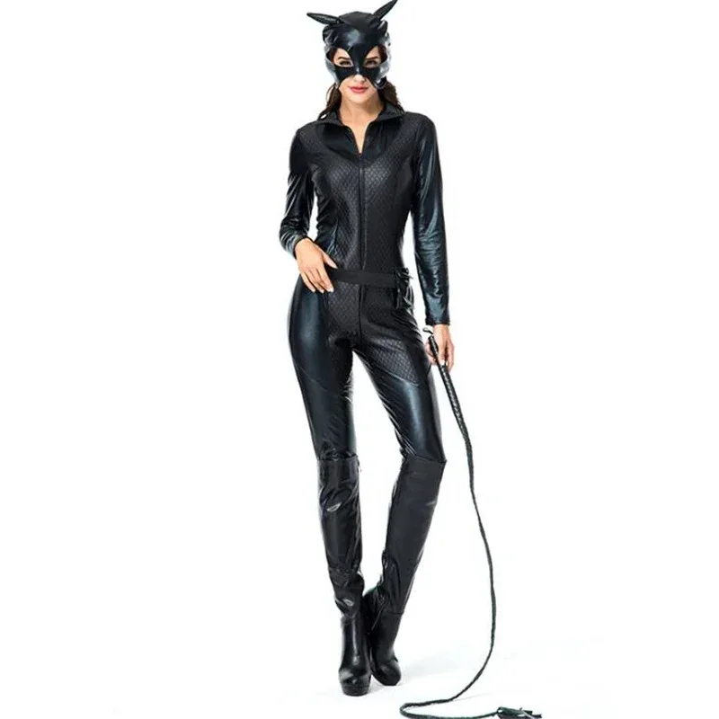 Costume da donna sexy gatto nero per adulti in PVC, festa di Halloween, abbigliamento cosplay