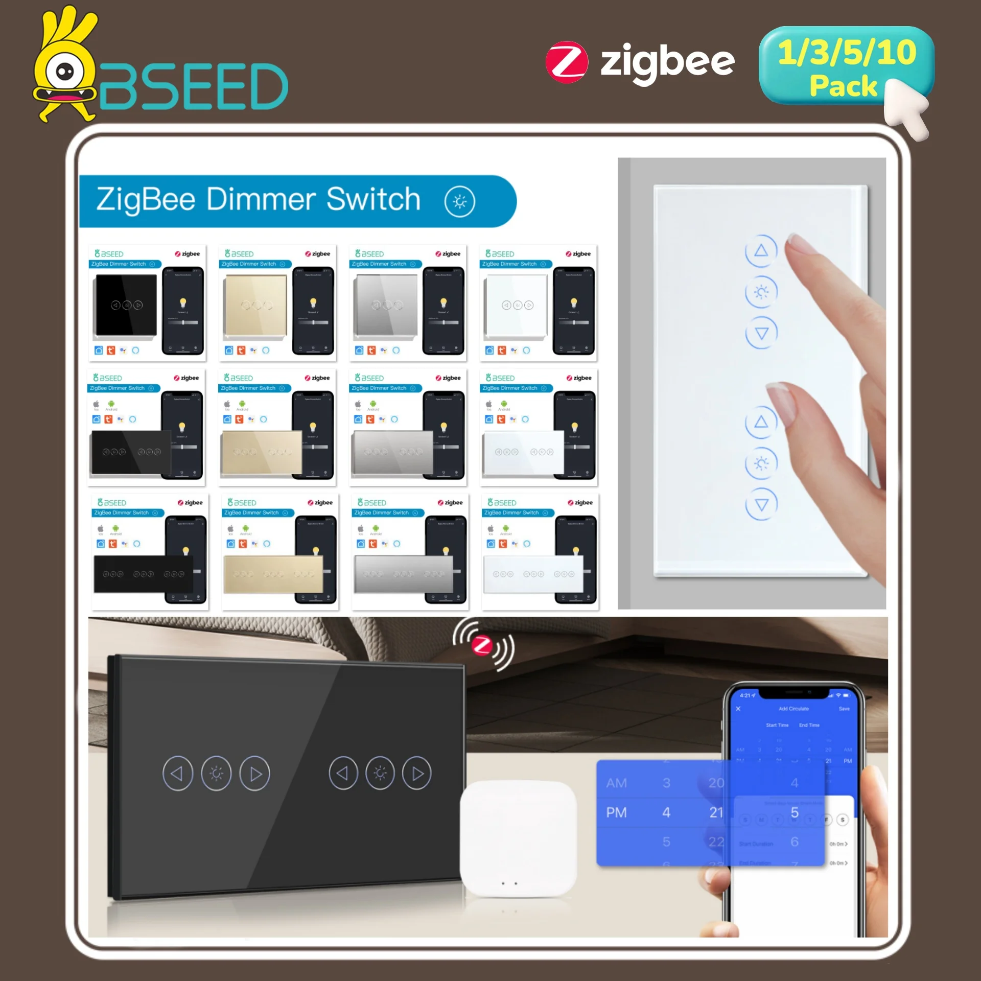 BSEED Zigbee Dimmer Switches 1/2/3Gang Smart Dimmable Switch Wall LED Switches Tuya Control Smart Life APP Google Alexa Neutral