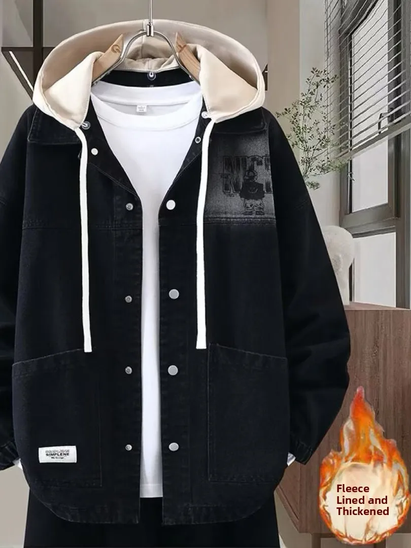 

Джинсовая куртка для подростков с подкладкой, утепленная, с капюшоном, теплая, для старшеклассников, модная зимняя верхняя одежда