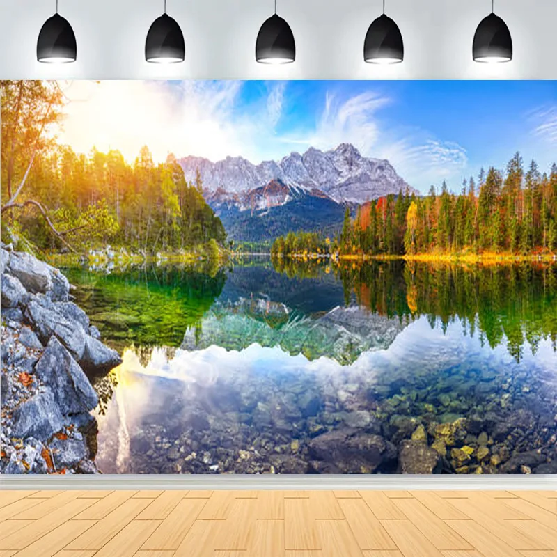 

Fantastic Autumn Natural Sunrise Photography Backdrop Mountain Lake Alpine Scenery Peaceful Party Decor Photo Background AR-03