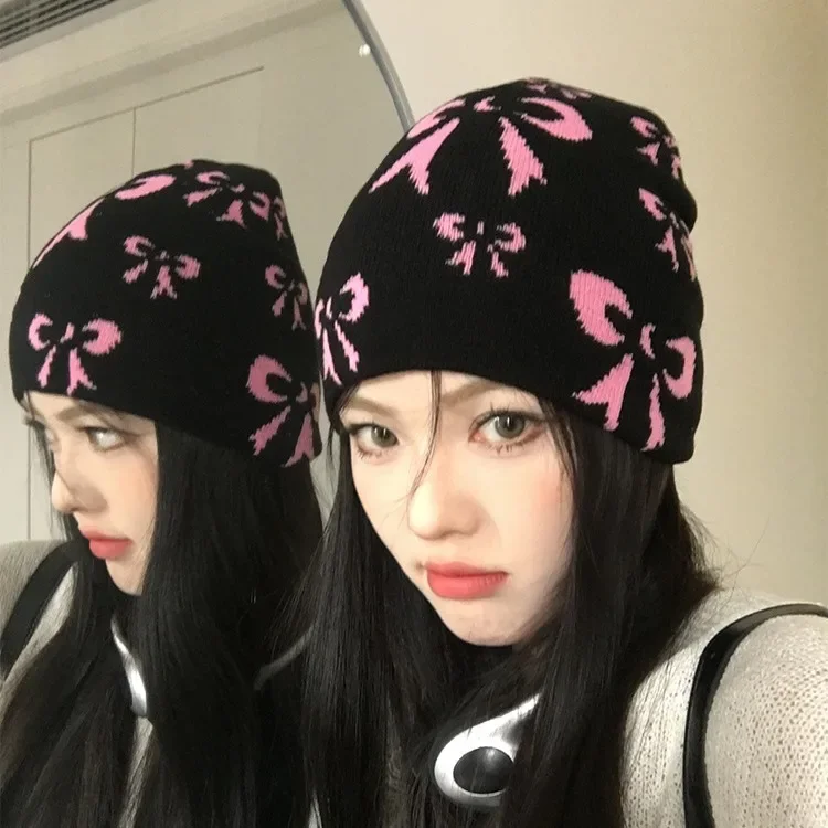 Street Graffiti Printed Baotou Cold Hat Blackpink Y2K Bow Retro Korean Knitted Hat Women Autumn and Winter Casual Versatile