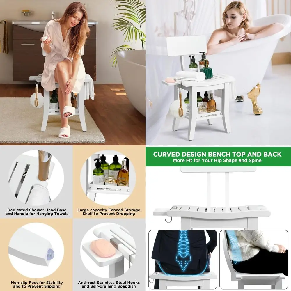 

Bamboo Shower Chair with Storage, Soap Dish, and Shower Holder for Adults, Disabled, and Pregnant (White)