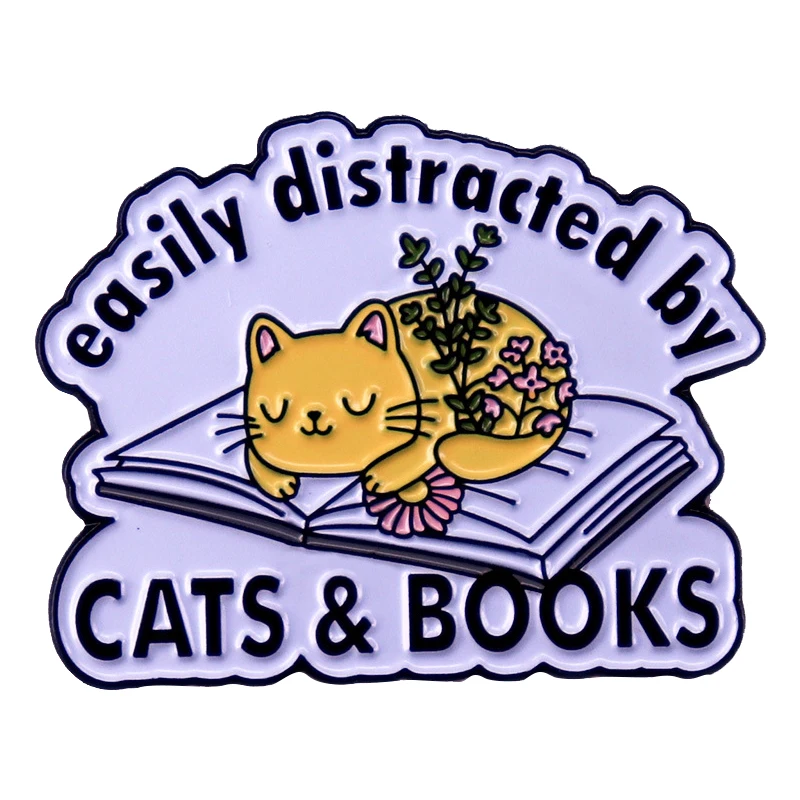 A3016 Easily Distracted By Cats and Books Brooches for Clothing Enamel Pins Lapel Pins for Backpack Gift for Bookish Cat Lover