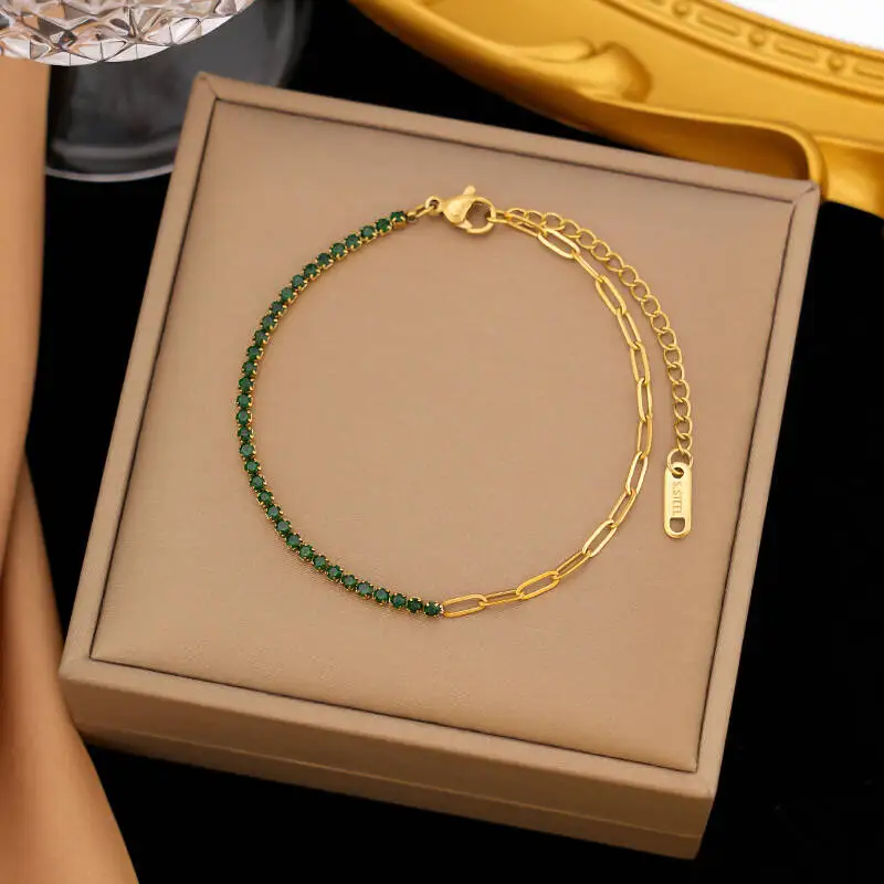 18K Gold Plated Stainless Steel Bracelet Women Multicolor Crystal Waterproof Hypoallergenic Stackable Fashion Wrist Jewelry Gift