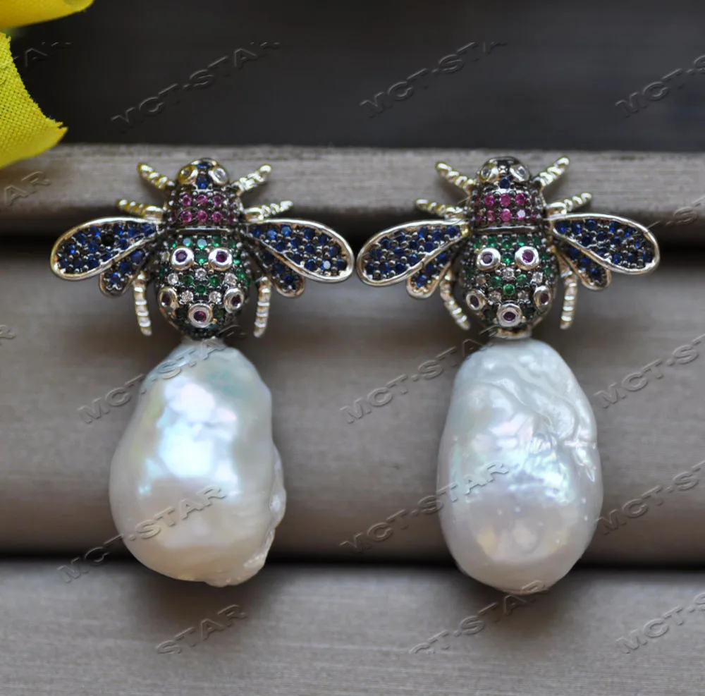 

MTC·STAR Z12738 18mm White Baroque Keshi Reborn Pearl Dangle Earring Insect CZ