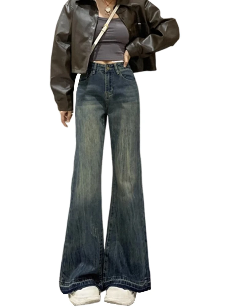 Jeans a gamba larga a vita alta blu retrò americano Donna Primavera Autunno 2025 Nuovi pantaloni lunghi fino al pavimento micro svasati di piccole dimensioni