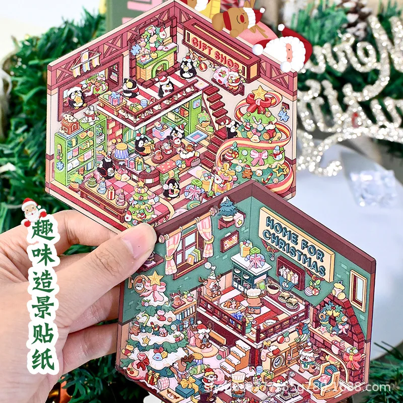 Cartoon Christmas Stickers Diy Scene DIY Cabin Scene Stacking and Pasting Gift for Kid Child Student P586