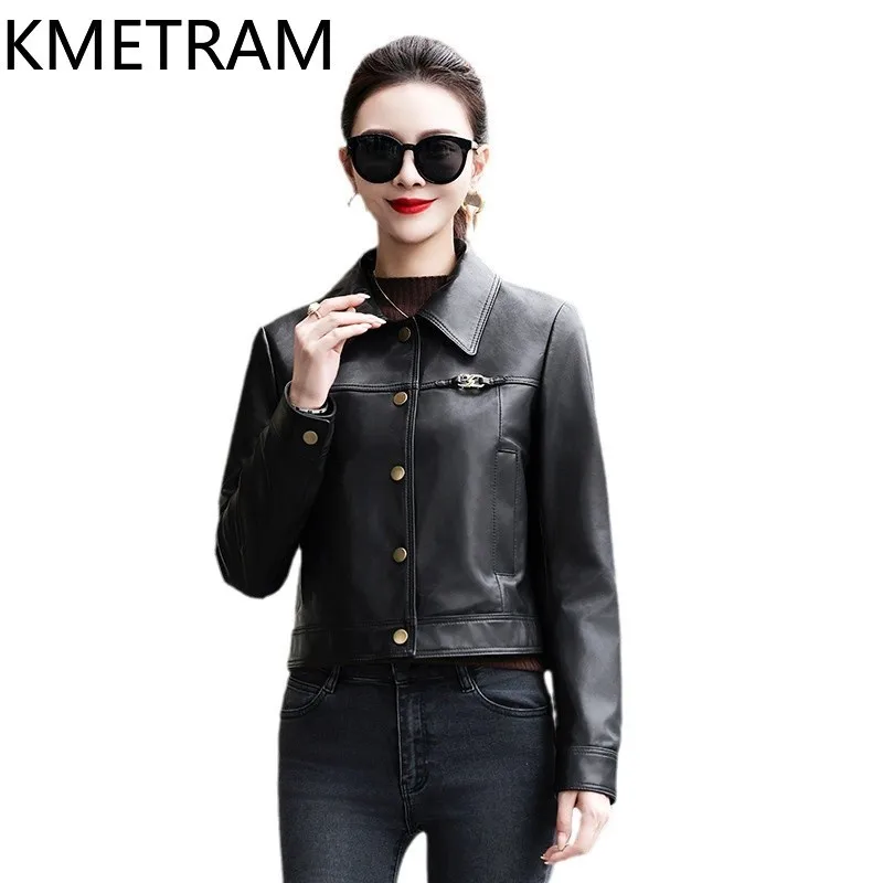 100% Real Sheepskinแจ็คเก็ตผู้หญิงสบายๆสีดําสั้นของแท้หนังแจ็คเก็ตใหม่ในOuterwearsฤดูใบไม้ร่วงเสื้อผ้า 2025 ผู้หญิงбка
